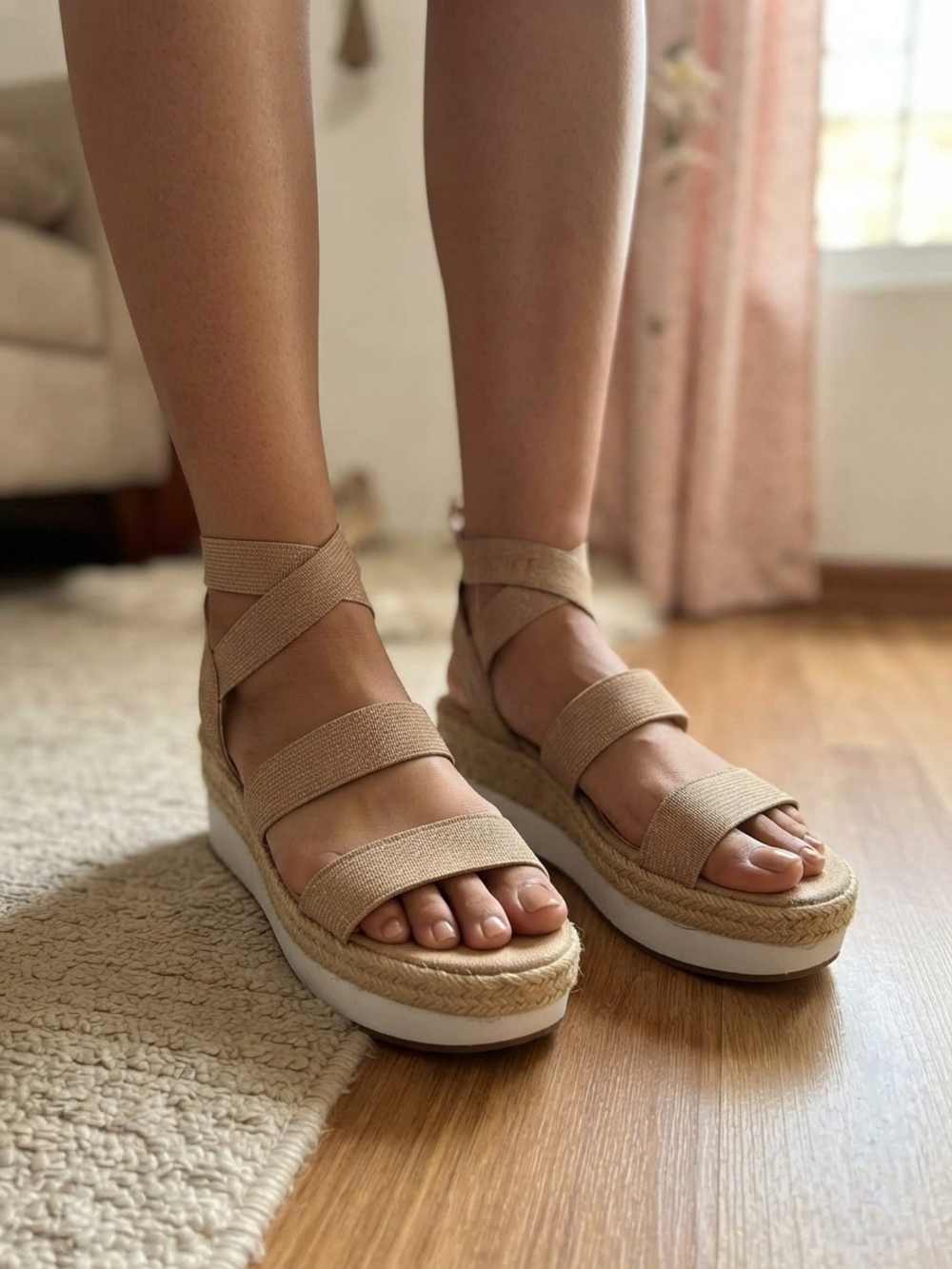 Sole Society Neutral Tan Ankle-Wrap Espadrille Platform Sandals
